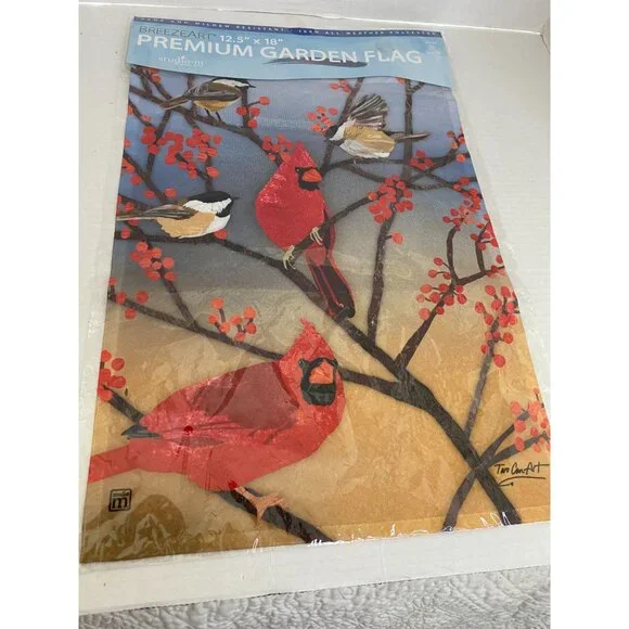 NWOT Breezeart 12.5" X 18" Premium Garden Flag Studio M Cardinal & Chickadees - Picture 2 of 6